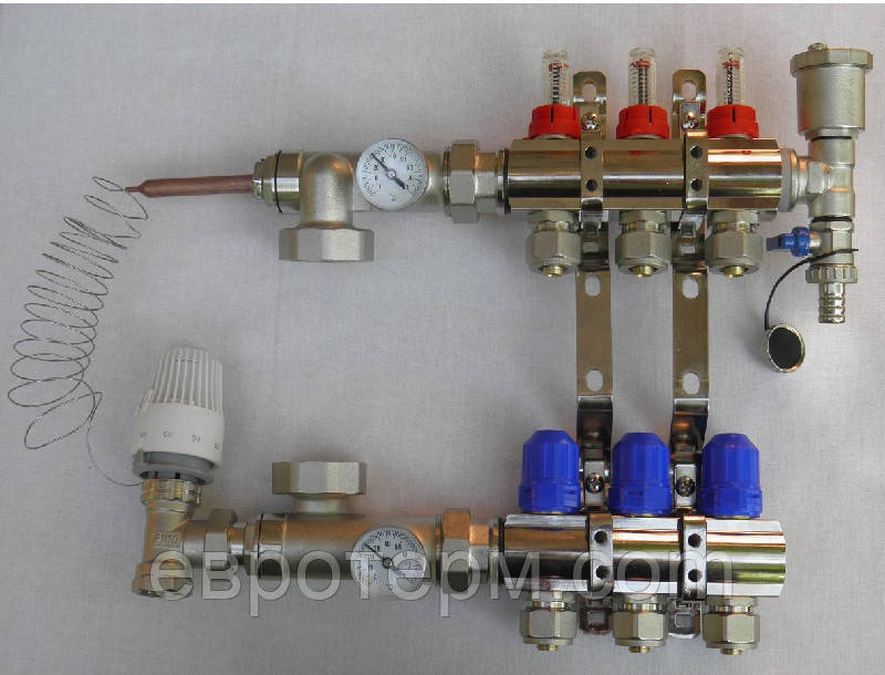 Колектор для теплої підлоги в зборі на 3 контури хромований Gross