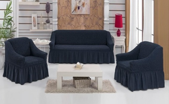 Чохол на диван і 2 крісла натяжний з рюшем LAURA маренго, фото 1