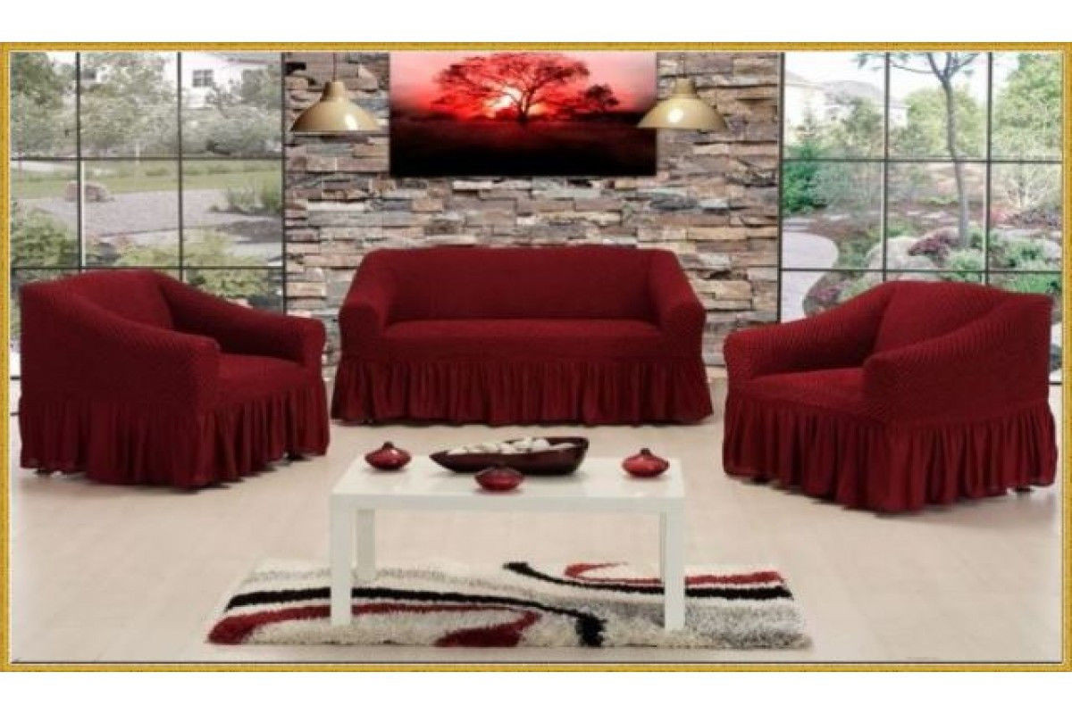 Чохол на диван і два крісла натяжний з рюшем LAURA бородовий, фото 1