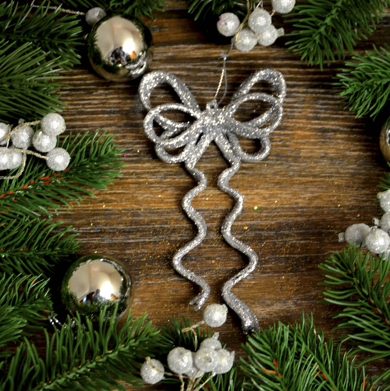 Новорічна прикраса Бант подвійний срібло 0128