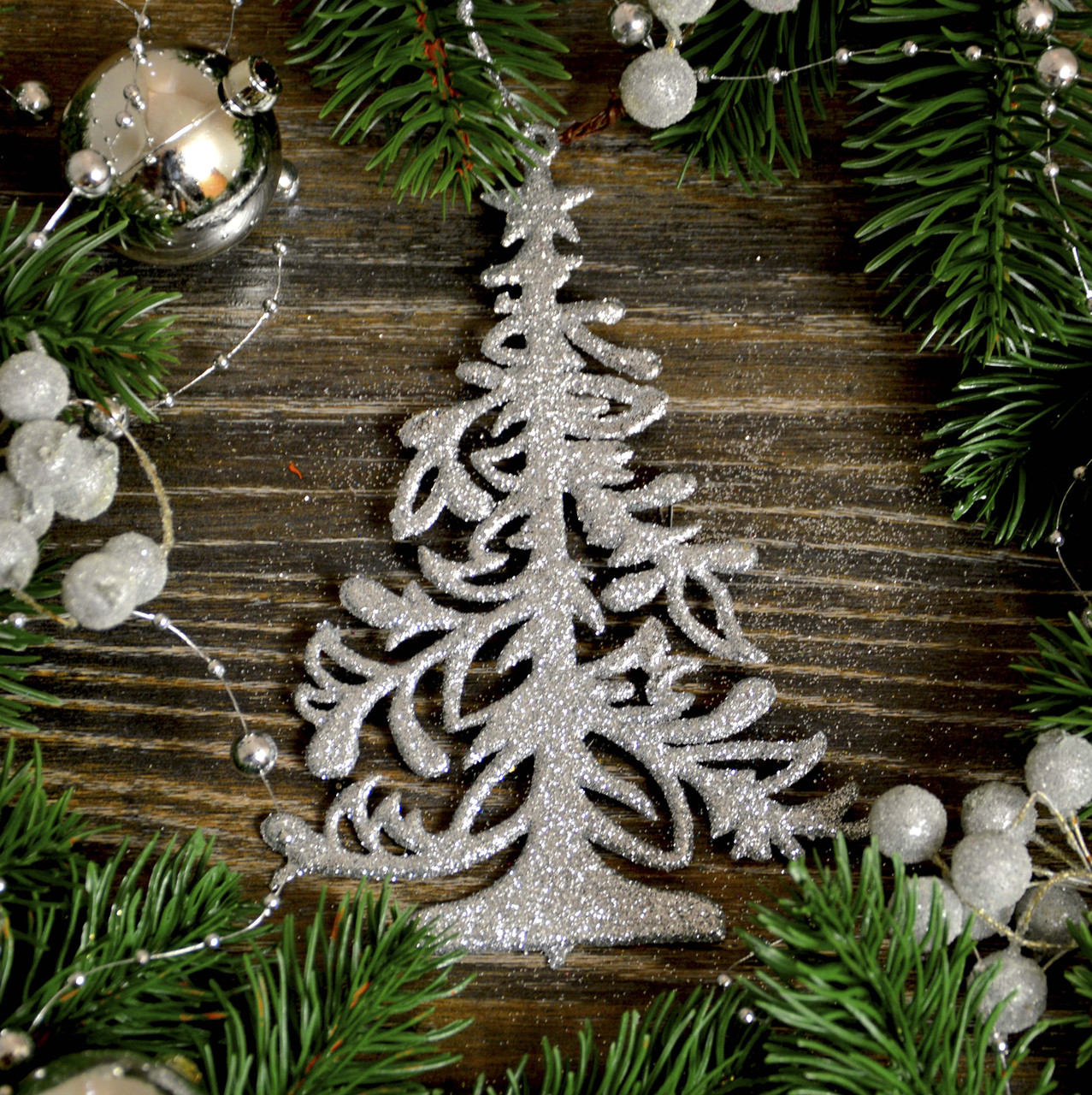 Новорічна прикраса Ялинка завиток срібло 0127