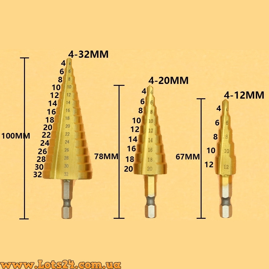 Ступенчатое шаговое сверло HSS 4-32мм пирамидальное конусное елочка коническое универсальное по металлу - фото 3 - id-p587732354