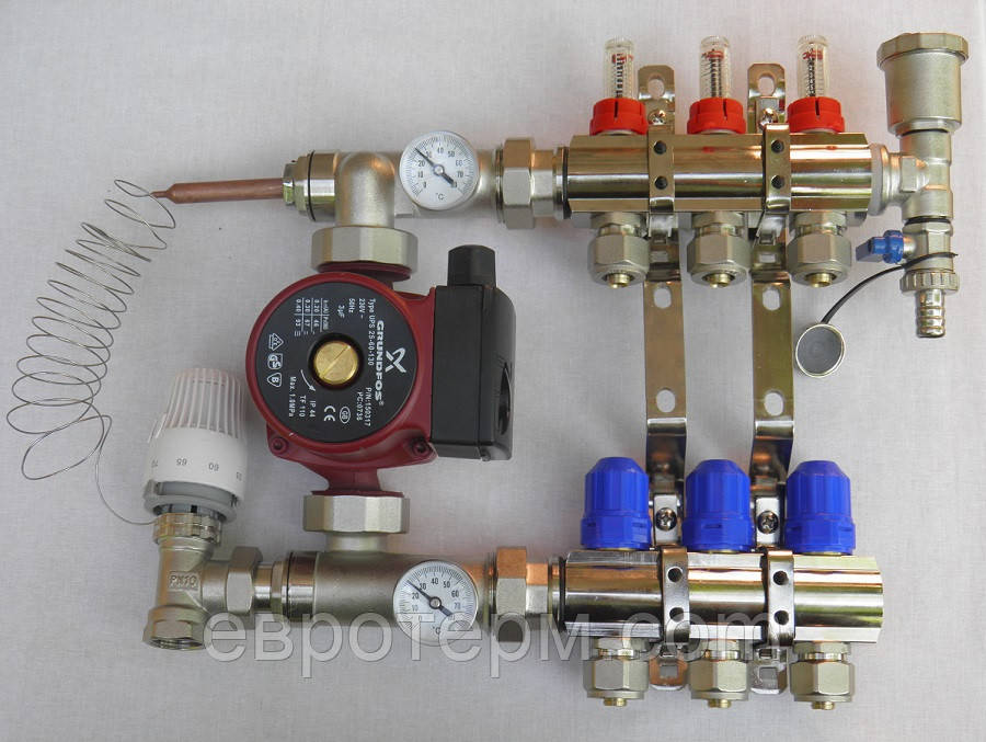 Колектор для теплої підлоги в зборі з насосом на 7 контурів хромований Gross, фото 1