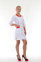 Батистовый медицинский женский халат на красных кнопках с красной вставкой 40-60