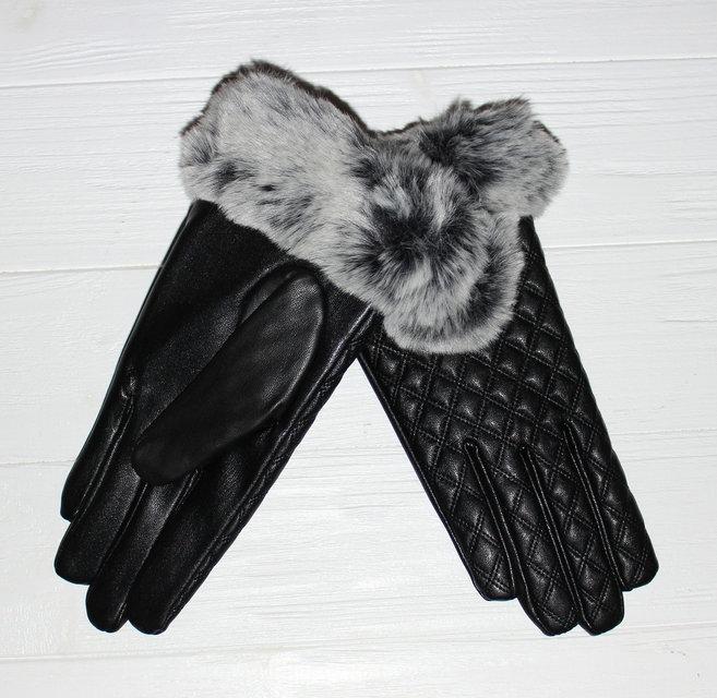 Цікаві, модні, чорні жіночі рукавички з натуральної шкіри, хутра