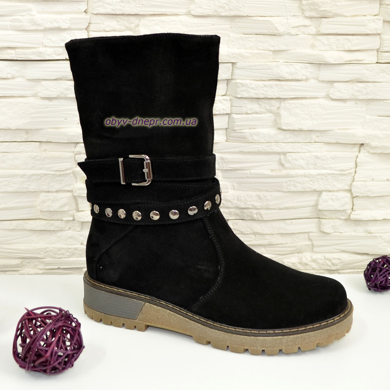 Замшеві черевики чорні жіночі на товстій підошві, фото 1