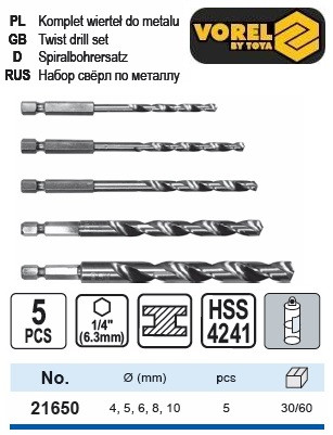 Набір свердел по металу хвостовик 6 граней 1/4" 5 штук VOREL-21650