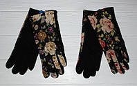 Интересные, модные, чёрные женские перчатки с красивым цветочным принтом