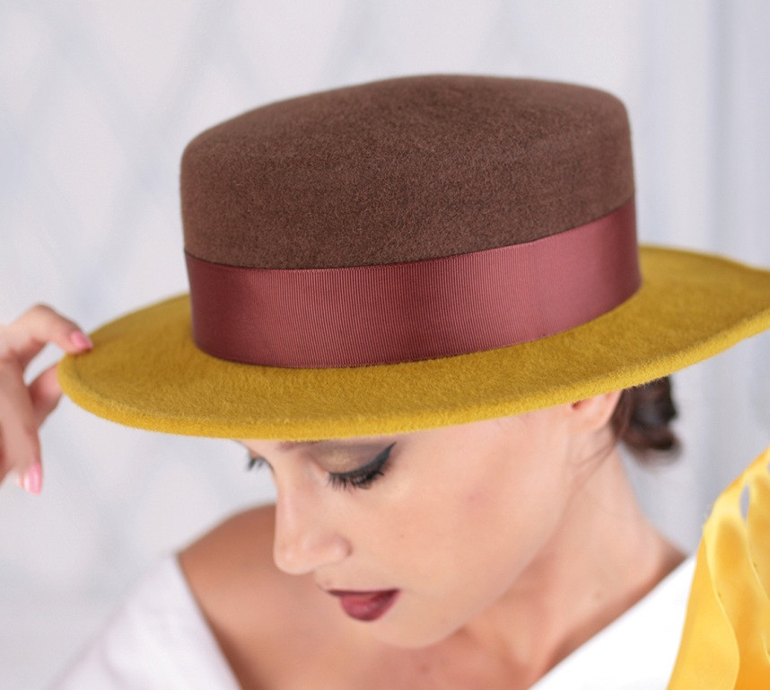 Фетровая шляпа канотье с маленькими полями 7 см двухцветная - фото 3 - id-p589264147