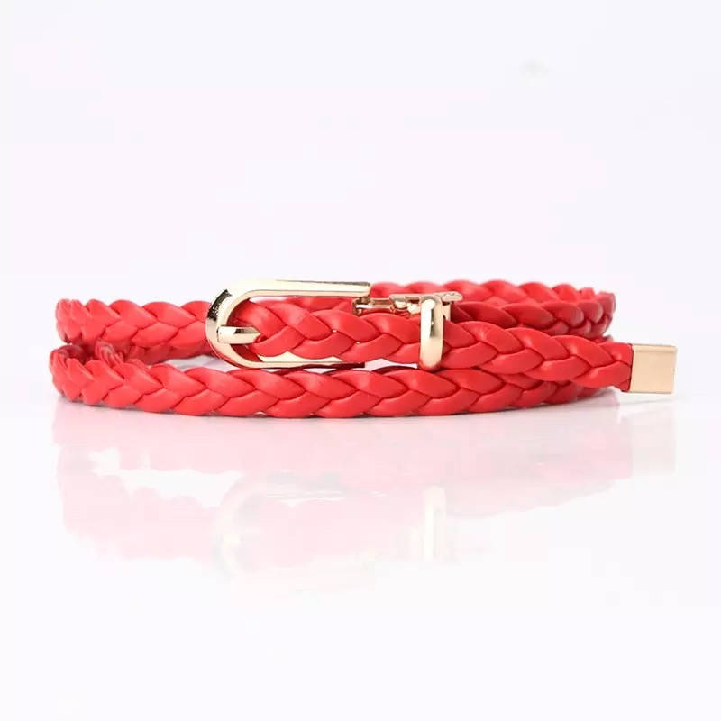 

Женский тонкий плетёный ремень красный с золотой пряжкой