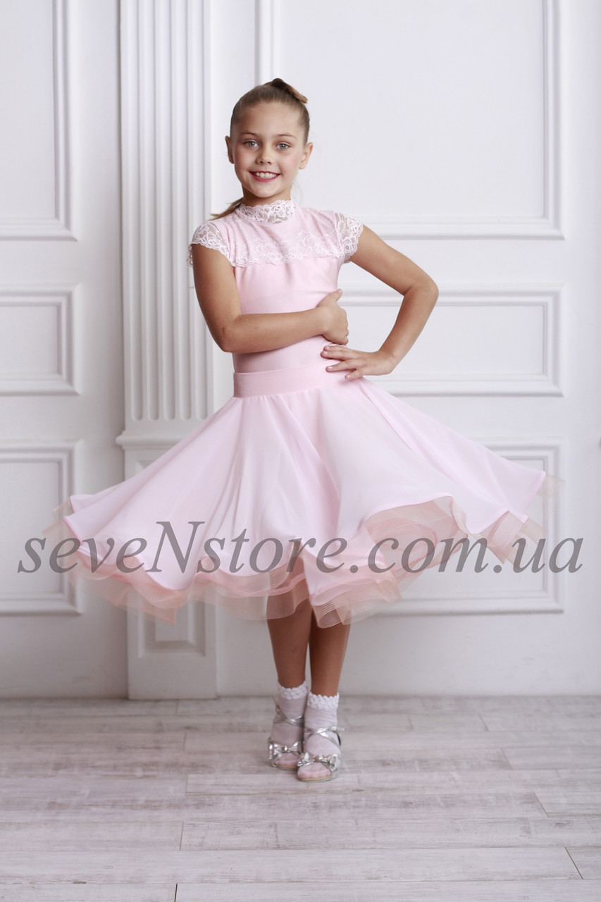 Рейтинговое платье Бейсик для бальных танцев с двумя юбками Sevenstore 9115 Нежно розовый - фото 1 - id-p590436228