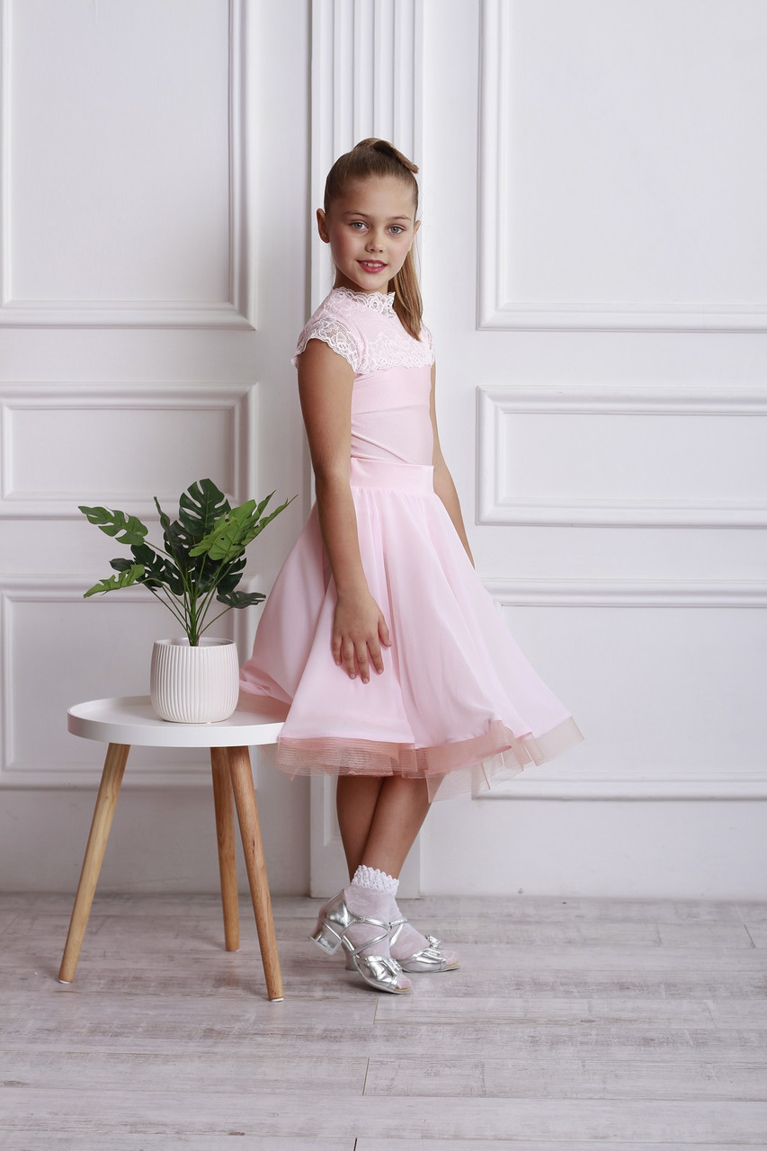 Рейтинговое платье Бейсик для бальных танцев с двумя юбками Sevenstore 9115 Нежно розовый - фото 3 - id-p590436228