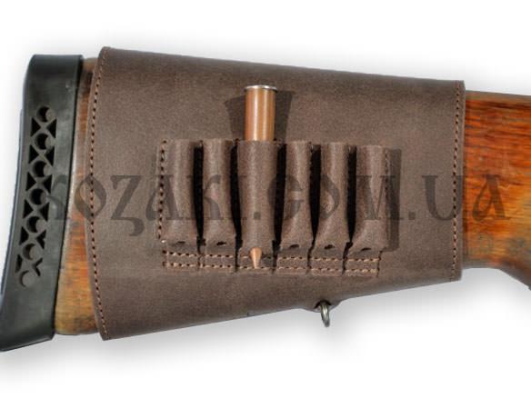 Патронташ на приклад 6 патр. нарізних 7.62 на липучці коричневий (шкіра "Рітро"), фото 1