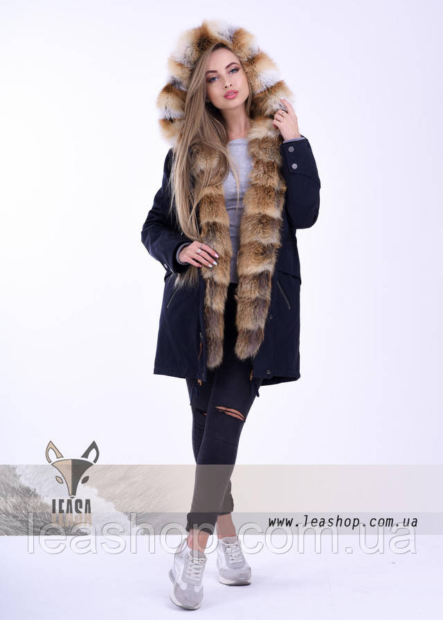 Зимняя куртка парка черного цвета с мехом лисы Синяя куртка парка с мехом лисы фото