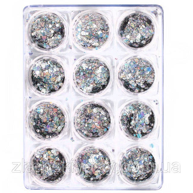 Набір конфеті для дизайну нігтів "Риб'яча луска", 12 шт. срібло