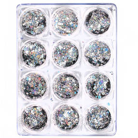 Набір конфеті для дизайну нігтів "Риб'яча луска", 12 шт. срібло, фото 1