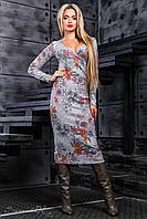 Модное теплое платье футляр вязаное с принтом 44-50 размера