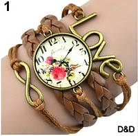 Жіночий стильний браслет шкіряний коричневий з підвіскою годинник