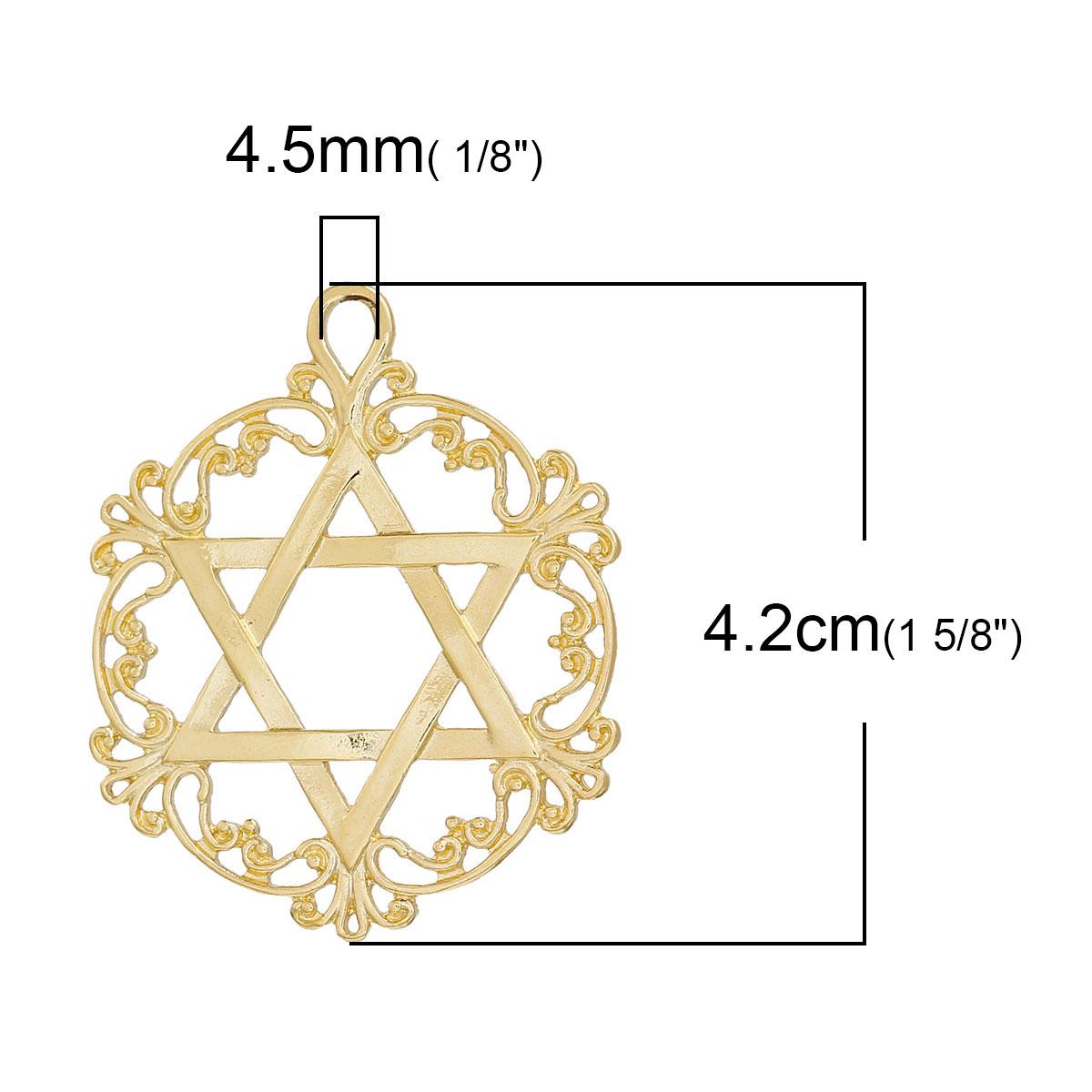 Звезда Давида, Цинковый сплав, Подвески, Круглые, Позолоченный, Ажурная резьба, 42мм x 35мм - фото 2 - id-p591779437