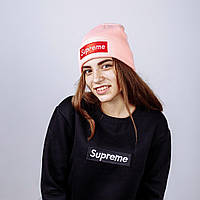 Шапка розовая Supreme лого нашивка