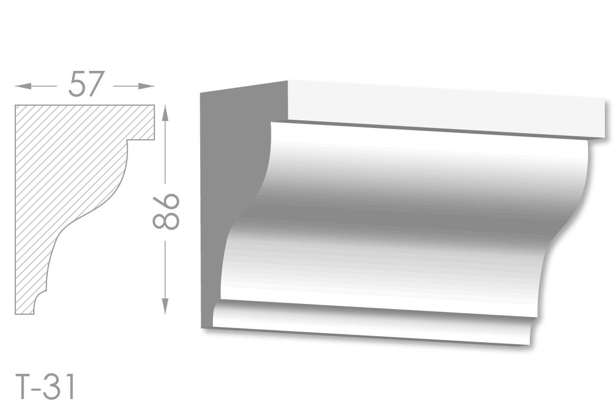 Карниз з гладким профілем, молдинг стельовий з гіпсу т-31