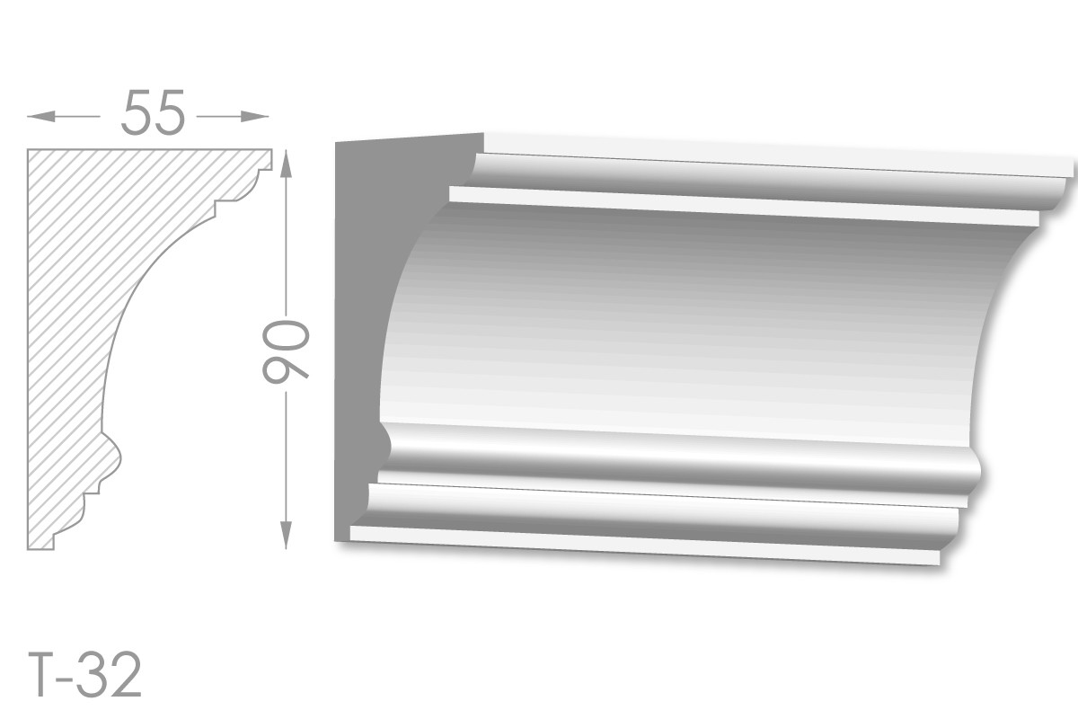 Карниз з гладким профілем, молдинг стельовий з гіпсу т-32