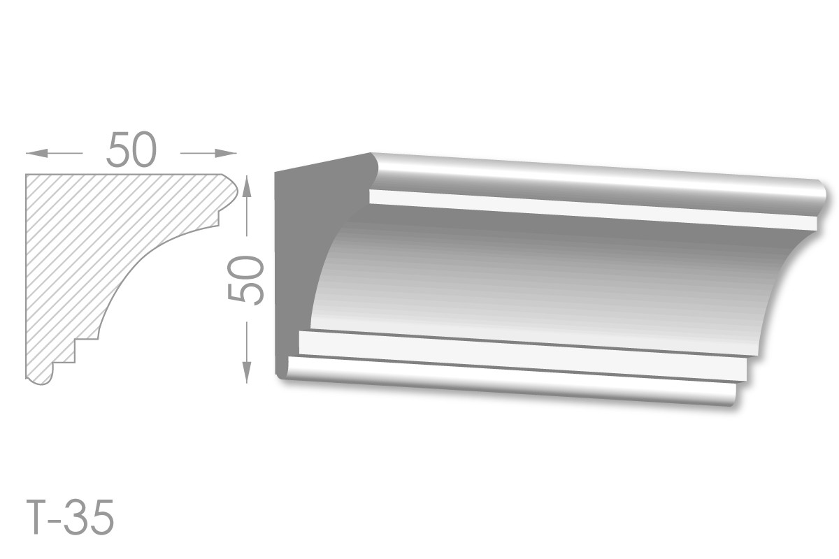 Карниз з гладким профілем, молдинг стельовий з гіпсу т-35