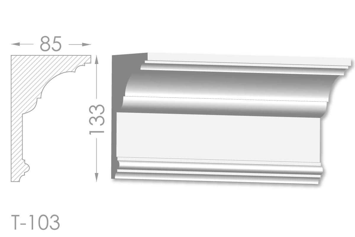 Карниз з гладким профілем, молдинг стельовий з гіпсу т-103