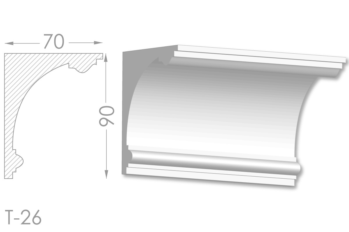 Карниз з гладким профілем, молдинг стельовий з гіпсу т-26