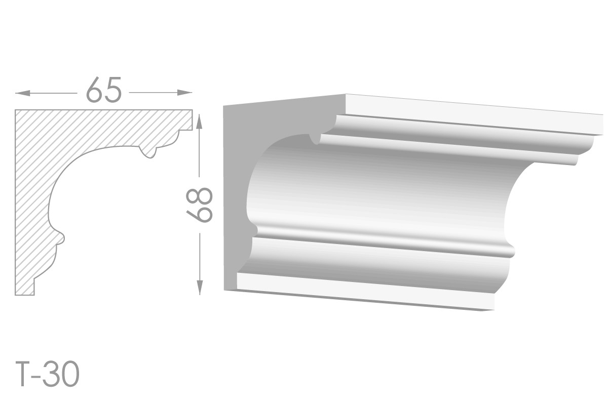 Карниз з гладким профілем, молдинг стельовий з гіпсу т-30