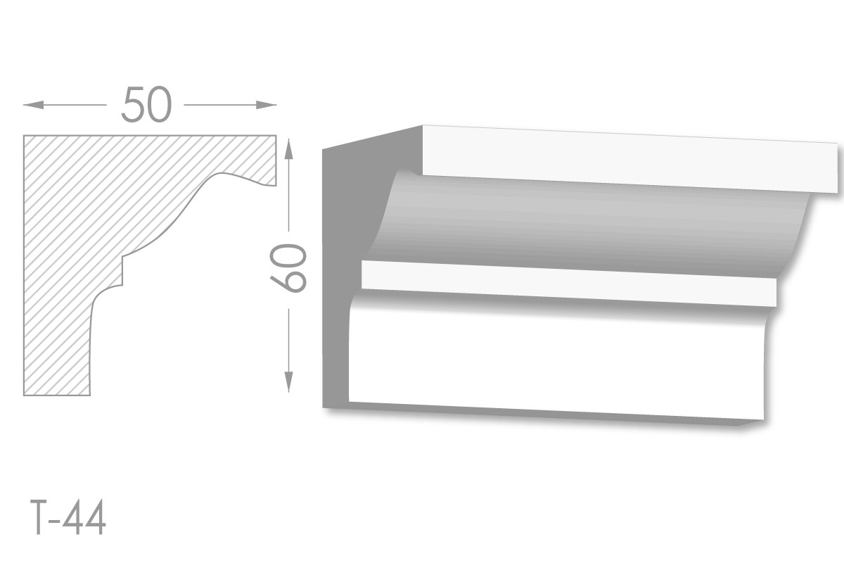 Карниз з гладким профілем, молдинг стельовий з гіпсу т-44