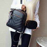 Рюкзак женский кожаный с сумочкой на цепочке (черный)