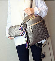 Модный рюкзак женский городской. Рюкзак для девочки с сумочкой на цепочке (бронзовый)
