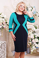 Женское приталенное платье Секрет рукав 3/4 размер 52-62 / большие размеры, цвет синий + бирюза