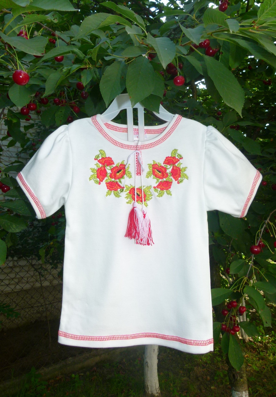 Українська вишиванка для дівчинки "Червоні маки" з коротким рукавом на зріст 80-140 см