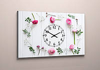 Фотокартина с часами декор на стену розовые цветы на белом фоне габарит 60*40