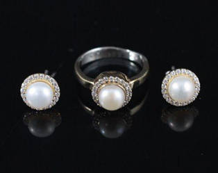 Перли білий, срібло 925, комплект кільце та сережки, 044НЖ