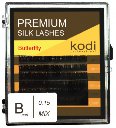 Вії для нарощування Kodi Professional Butterfly, В-0,15 (6 рядів:14, 15, 16 мм.) чорні