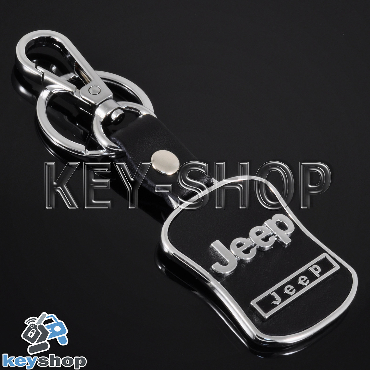 Брелок для авто ключей Джип (Jeep) металлический с кожаными вставками и карабином - фото 1 - id-p593413051