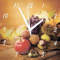 Годинники настінні для кухні на склі "Яблука, горіхи, виноград" кварцові 40х40см