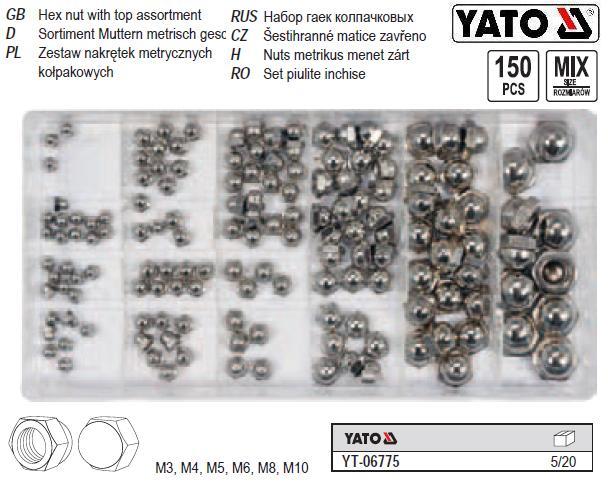 Набір гайки ковпачкові М3-М10 напівсферичні замкнуті 150шт YATO YT-06775