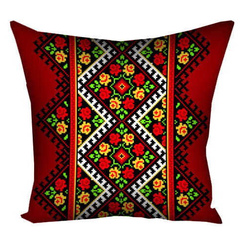 Подушка з принтом габардинова Український квітковий орнамент на червоному тлі 50x50 (5P_UKR059), фото 1