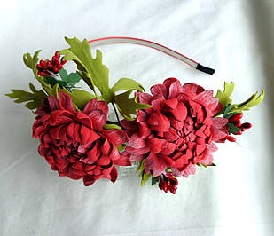 Обруч для волосся з квітами ручної роботи "Червоні Хризантеми"