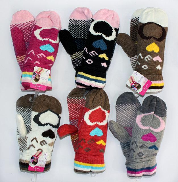 Подростковые теплые красивые вязанные перчатки с принтом в сердечка - фото 1 - id-p594952683