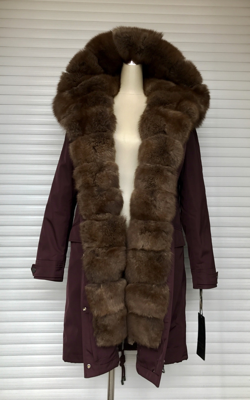 Парка жіноча (куртка, курточка) колір марсала з хутром песця в кольорі "соболь", фото 1