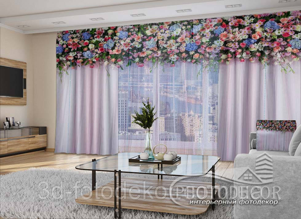 3D - Фото Штори і тюль "Ламбрекени з квітів. Фантазія" - будь-який розмір. Читаємо опис!, фото 1