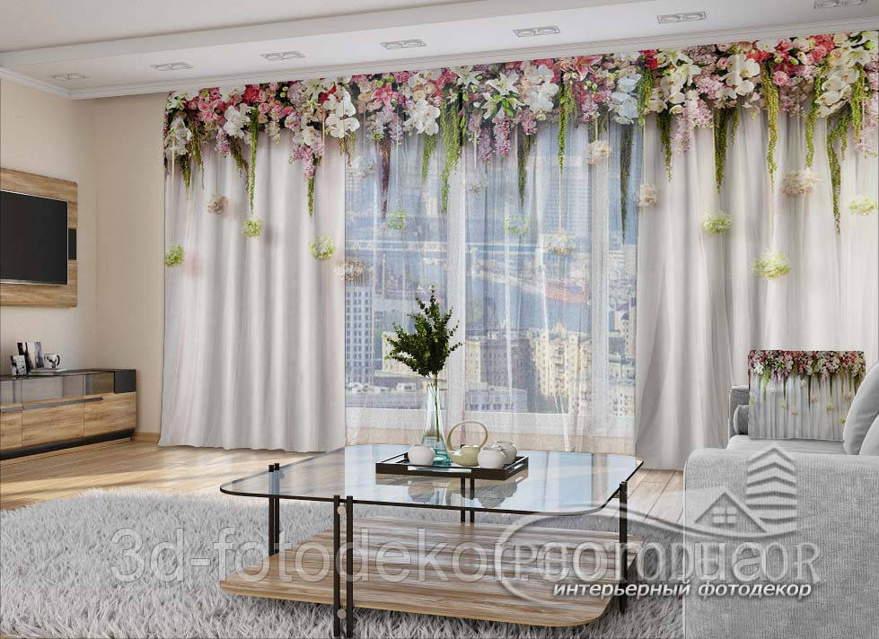 3D - Фото Штори і тюль "Ламбрекени з квіток" - будь-який розмір. Читаємо опис!
