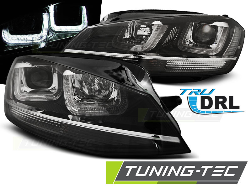 Передние фары VW Golf 7 тюнинг Led оптика (черные с хром полоской) - фото 1 - id-p595821851