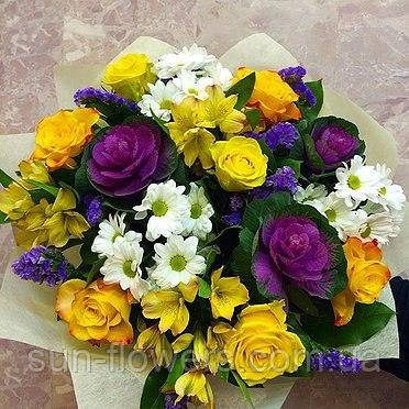 Букет мікс із жовто-фіолетових квітів., фото 1