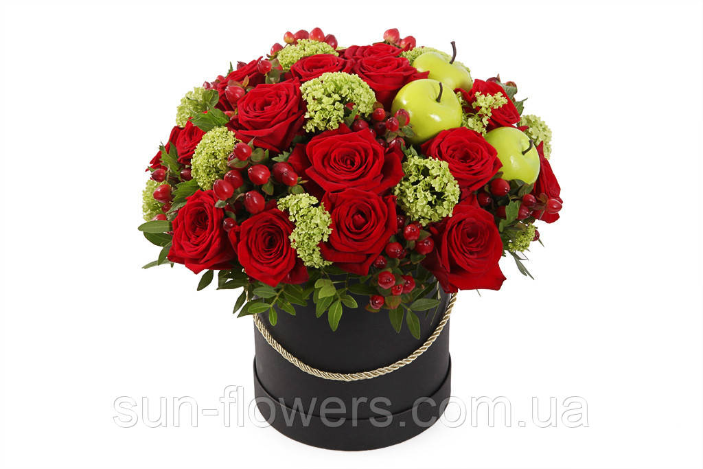 Квіти та яблука в капелюшній коробці, фото 1